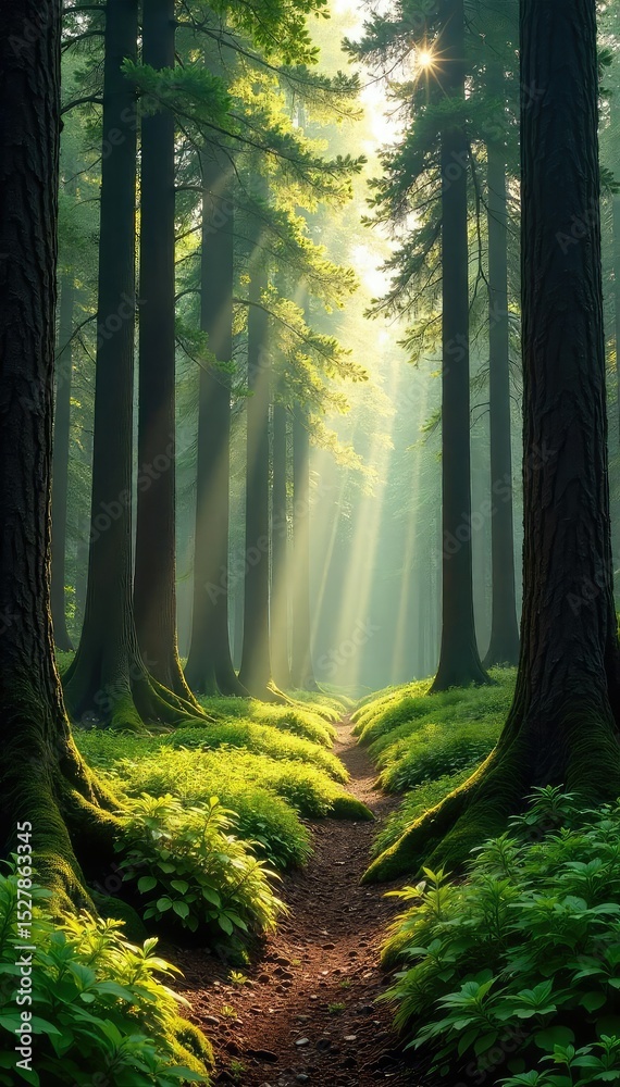 Naklejka premium Sunlight dapples the forest floor, illuminating a lush carpet of moss and ferns in a remote wilderness Ancient trees reach towards the sky, creating a cathedral of green , texture, green, vibrant