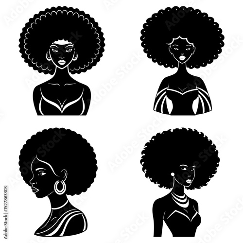Four portraits of women with afro hairstyles in black and white monochrome illustration art design style
