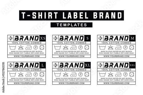 Modern T-Shirt Label Template with Size Variants and Washing Instructions. Editable Garment Tag for Clothing Brands