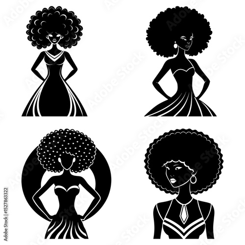 Four black silhouette women with afro hairstyles wearing dresses in a vector illustration design