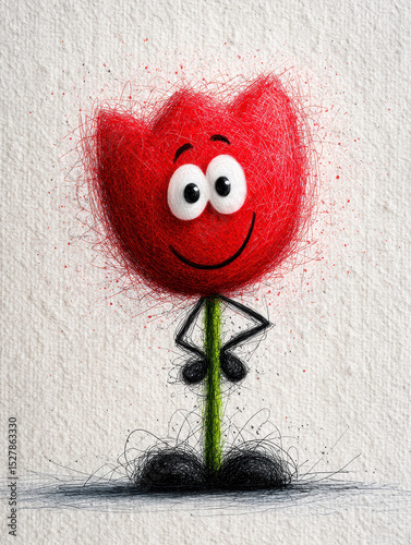 Anthropomorphic, cartoon tulip, red petals, green stem, crossed eyes, lopsided smile, doodle outlines, white background, garden setting, friendly face, small shirt or bib, white hat or - AI-Generated