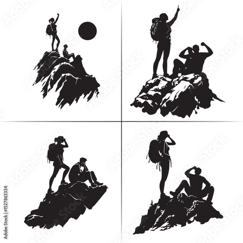 hiking of mountain people silhouette