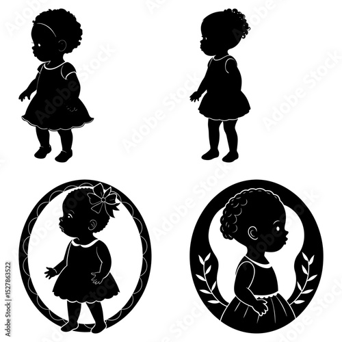 Silhouettes of african american baby girls in dresses with decorative elements in black and white style