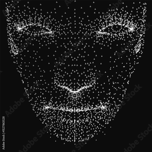 A face made of dots is shown in black and white. The face is made up of many small dots, giving it a surreal and abstract appearance. Concept of mystery and intrigue