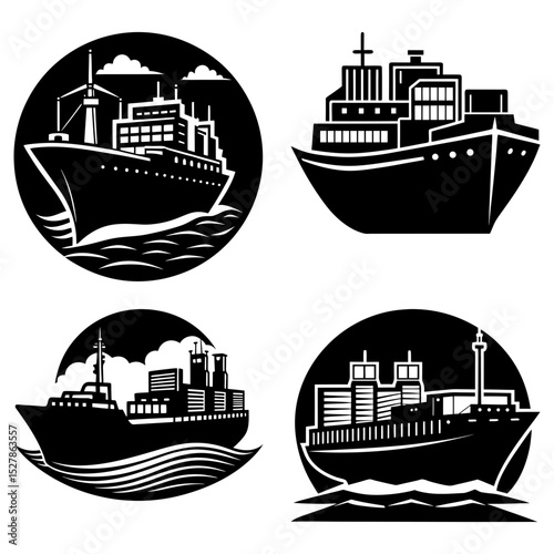 Four black and white circular designs showcasing various cargo ships sailing on the water in different styles