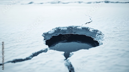 Fototapeta Naklejka Na Ścianę i Meble -  A cracked, frozen lake surface with a deep hole revealing dark water beneath the ice.