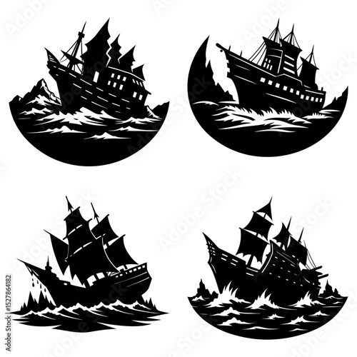 Silhouette illustrations of ships sailing on rough seas in circular compositions for designs and decorations
