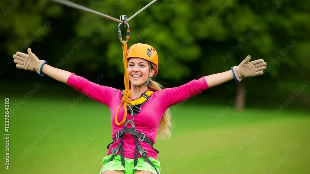 Joyful woman zipping on a zip line with excitement against a lush green backdrop