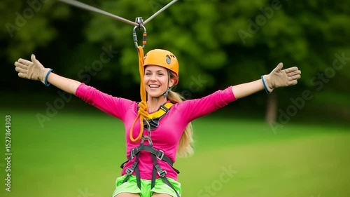 Joyful woman zipping on a zip line with excitement against a lush green backdrop