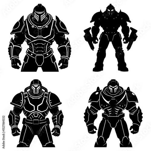 Four black and white illustrations of futuristic armored soldiers in various poses and armor designs
