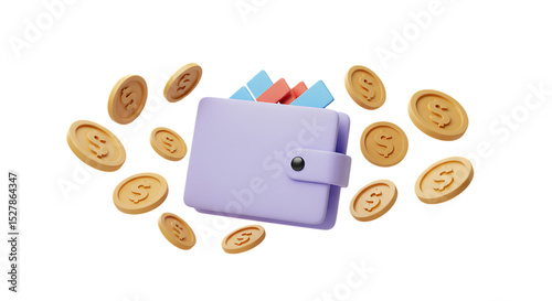 Purple wallet with dollar coins falling around isolated on white background