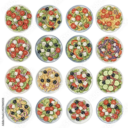Diverse Colorful Mediterranean Salads on Plates, Top-Down View