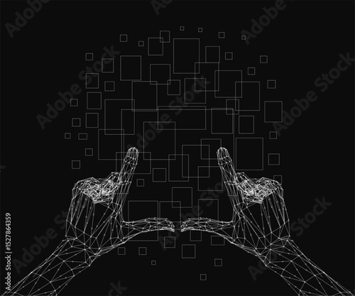 A pair of hands are shown in a black and white image with a grid pattern. Concept of technology and modernity, as the hands are depicted as if they are interacting with a digital device
