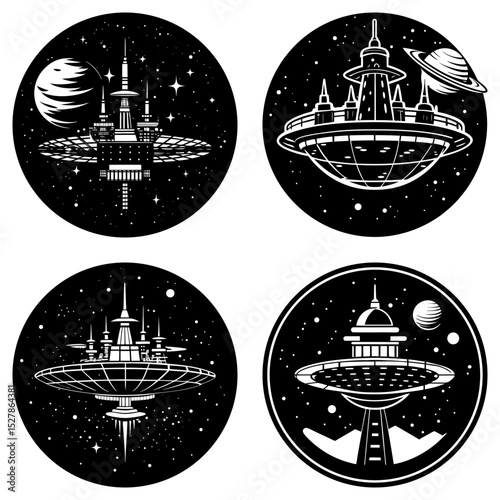 Collection of futuristic space station designs with planets and stars in a black and white vector art