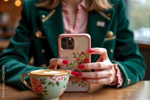 Stylish person in dark green blazer holding floral-patterned smartphone with cappuccino on wooden table ideal for lifestyle branding