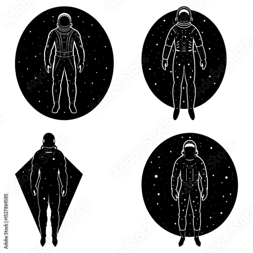Four astronaut illustrations in space with stars and different background shapes in black and white style