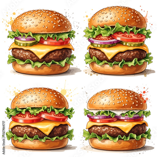Delicious Watercolor Burgers with Fresh Ingredients and Sesame Seed Buns