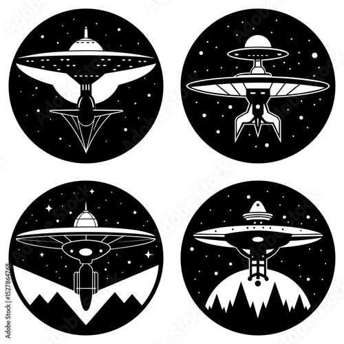 Four circular designs featuring stylized ufo spaceships in a black and white retro science fiction style