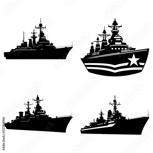 Four silhouette illustrations of naval battleships with detailed superstructures and weaponry systems