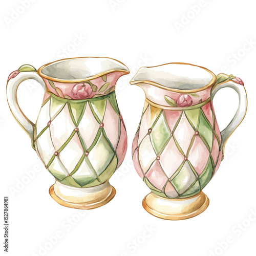 Matching Sugar And Creamer Set, watercolor vector, high quality, isolated on a white background.