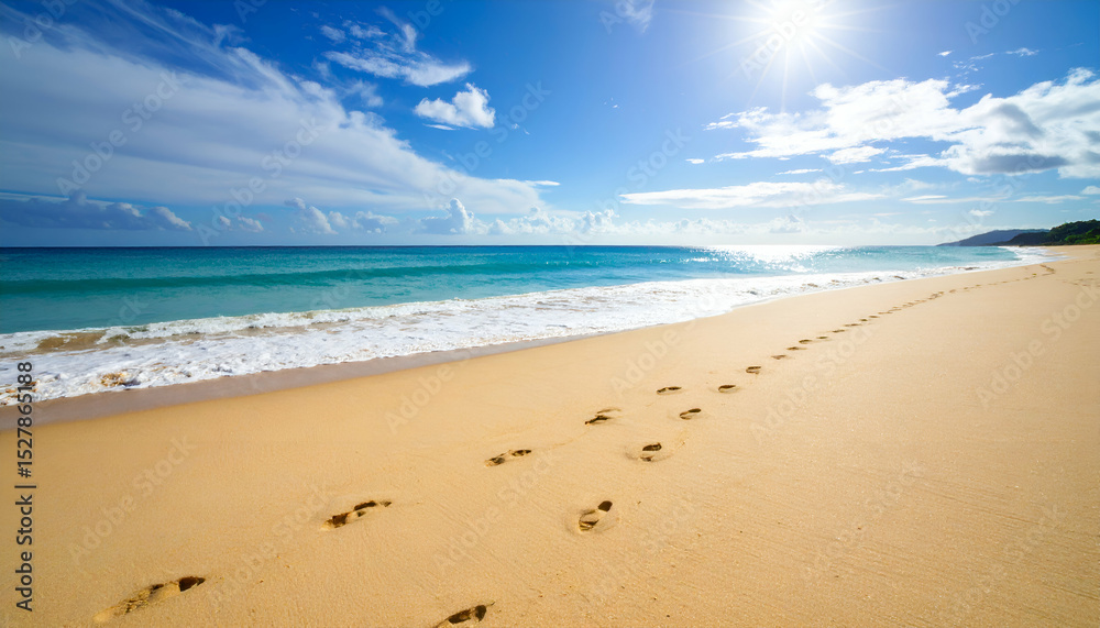 Expansive Beach Scene Sun-Kissed Sands, Azure Waters, and Footprints in the Sand Expansive Beach Scene Sun-Kissed Sands, Azure Waters, and Footprints in the Sand