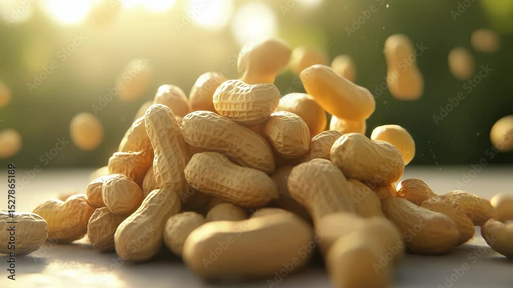 A mound of unshelled peanuts sits on a surface with more peanuts falling around, illuminated by soft natural light, creating a dynamic and natural scene.