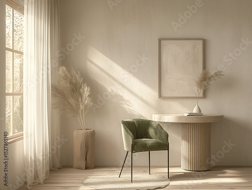 Textured Travertine Desk with Boucle Chair Under Scandinavian Light