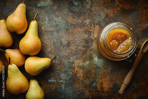 Jar of golden pear jam surrounded by fresh ripe pears on rustic surface, styled with soft natural light and warm tones