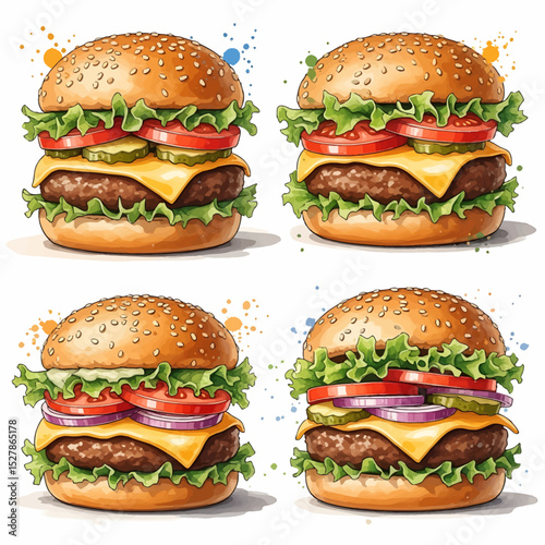 Four Deliciously Detailed Watercolor Burgers with Fresh Ingredients and Sesame Seed Buns