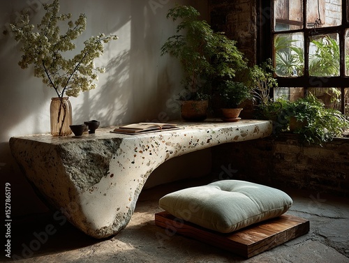 Terrazzo Wave Desk with Felt Stool and Zen Shadow
