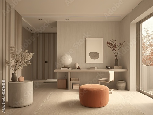 White Ceramic Desk with Terracotta Pouf
