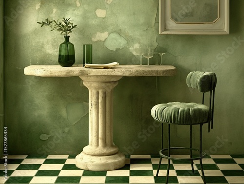 Hand Carved Limestone Desk and Corduroy Chair
