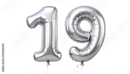 Silver nineteen balloons isolated on white background for birthday party celebration decor generative ai 