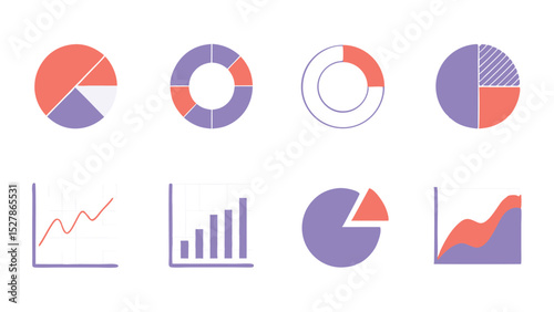 A collection of eight different types of graphs and charts in purple coral and white colors