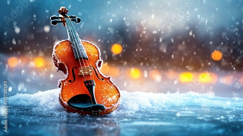 A beautiful violin resting in the snow, surrounded by a magical winter ambiance.