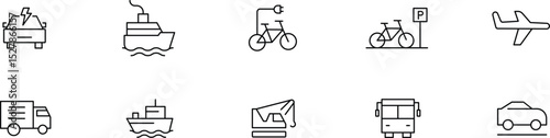 Transportation Icons  A Collection of Simple Line Drawings Depicting Various Modes of Transport, Including Cars, Trucks, Ships, Planes, and Bikes – Perfect for Web Design, App Development, and More