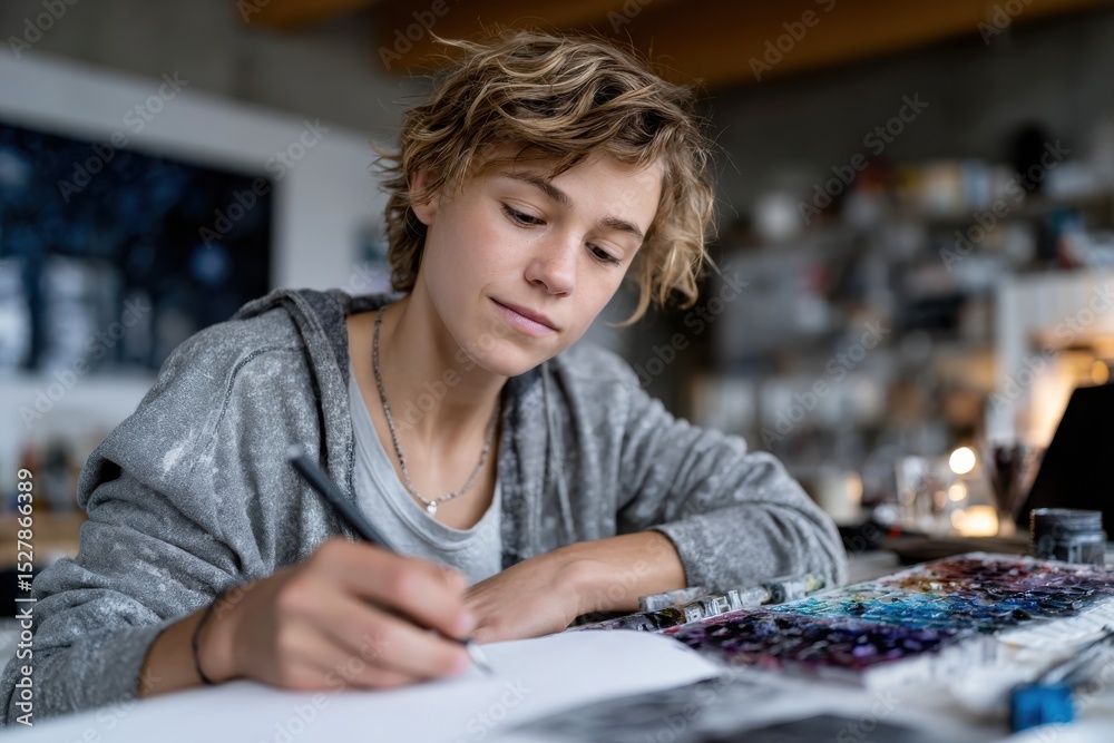 Fototapeta premium A teenage boy skillfully paints with watercolors, immersed in creativity within an artistic studio environment that fosters self-expression and artistic exploration.