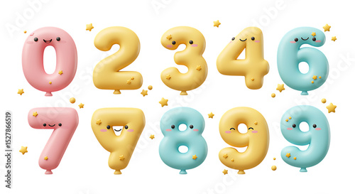 Cute cartoon number balloons zero to nine isolated on white background