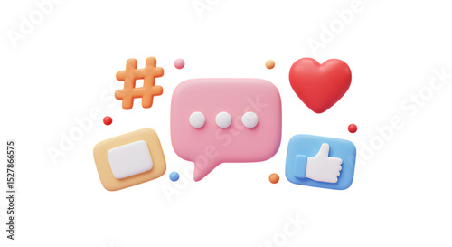 3d render of social media icons chat bubble hashtag heart like isolated on white background