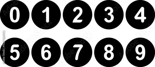 A set of bold white numbers from 0 to 9 displayed on round black circle backgrounds. These clean and modern numeric icons are perfect for infographics, UI design, mobile apps, dashboards, calendars, s