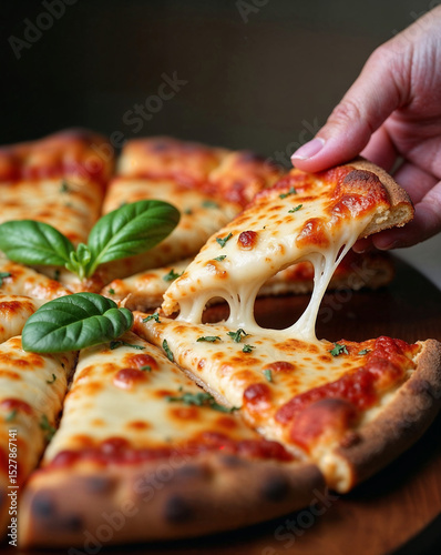 Hand picking slice of margherita pizza over wooden table
