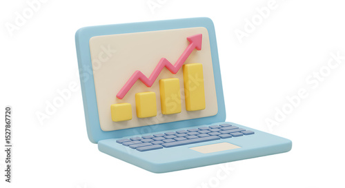 3d render of a laptop showing an upward trending bar graph isolated on white background