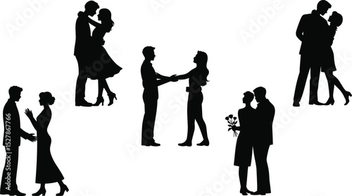 Romantic Silhouettes: Couples Embracing, Kissing, and Sharing Intimate Moments in Black and White Art flat vector illustration