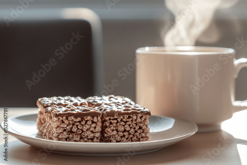 Chocolate Rice Krispies treats on plate near coffee cup, styled on coffee table with clean white background, cozy snack