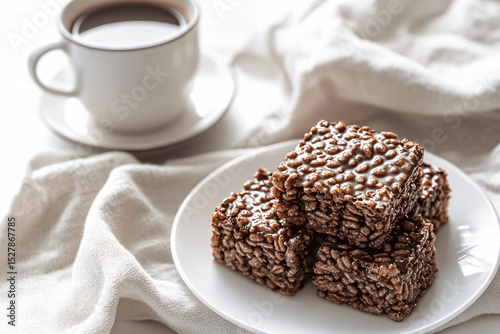 Chocolate Rice Krispies treats on plate near coffee cup, styled on coffee table with clean white background, cozy snack