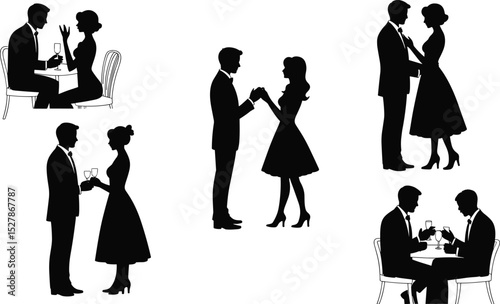 Romantic Silhouettes: Couples Dining, Dancing, and Sharing Intimate Moments in Black and White Art flat vector illustration