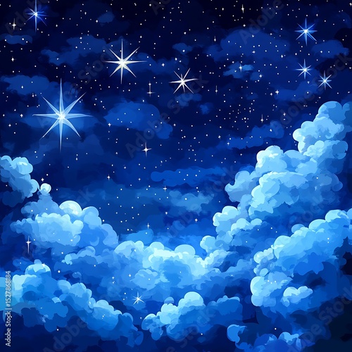 Beautiful illustration depicts a starry night sky with luminous clouds