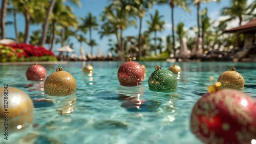 Floating Christmas ornaments in turquoise pool with palm trees  