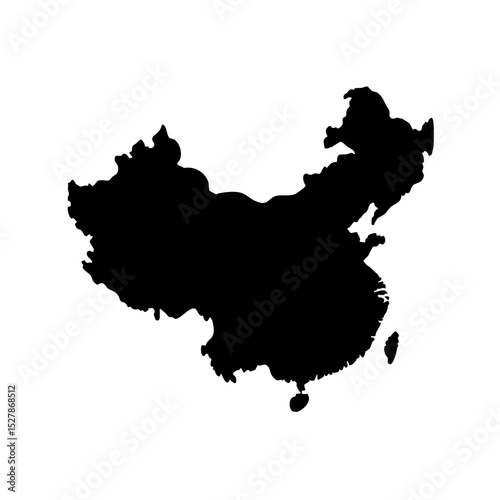 Silhouette map of China in black on a white background  