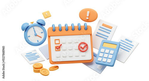 3d render of calendar documents calculator and clock isolated on white background